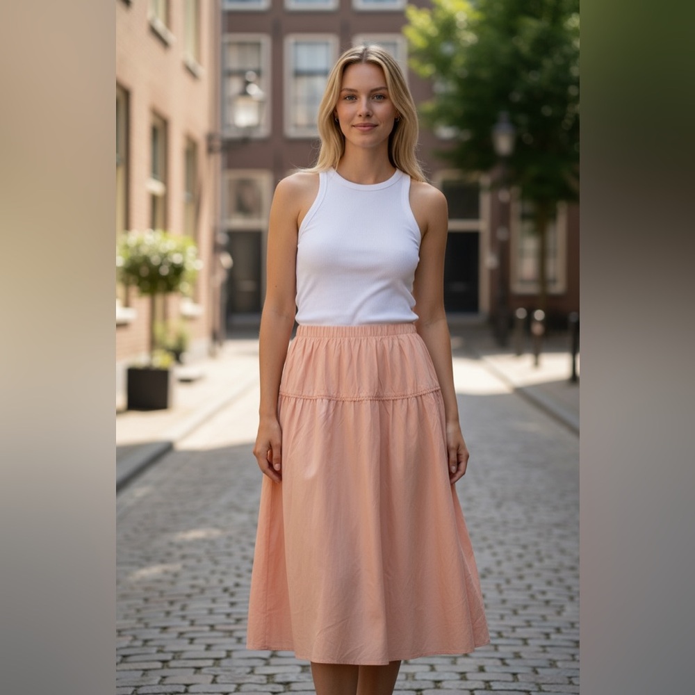 Tiered Midi Skirt Peach L New Flowy Elastic Waist Lace Trim Classic A-Line Solid